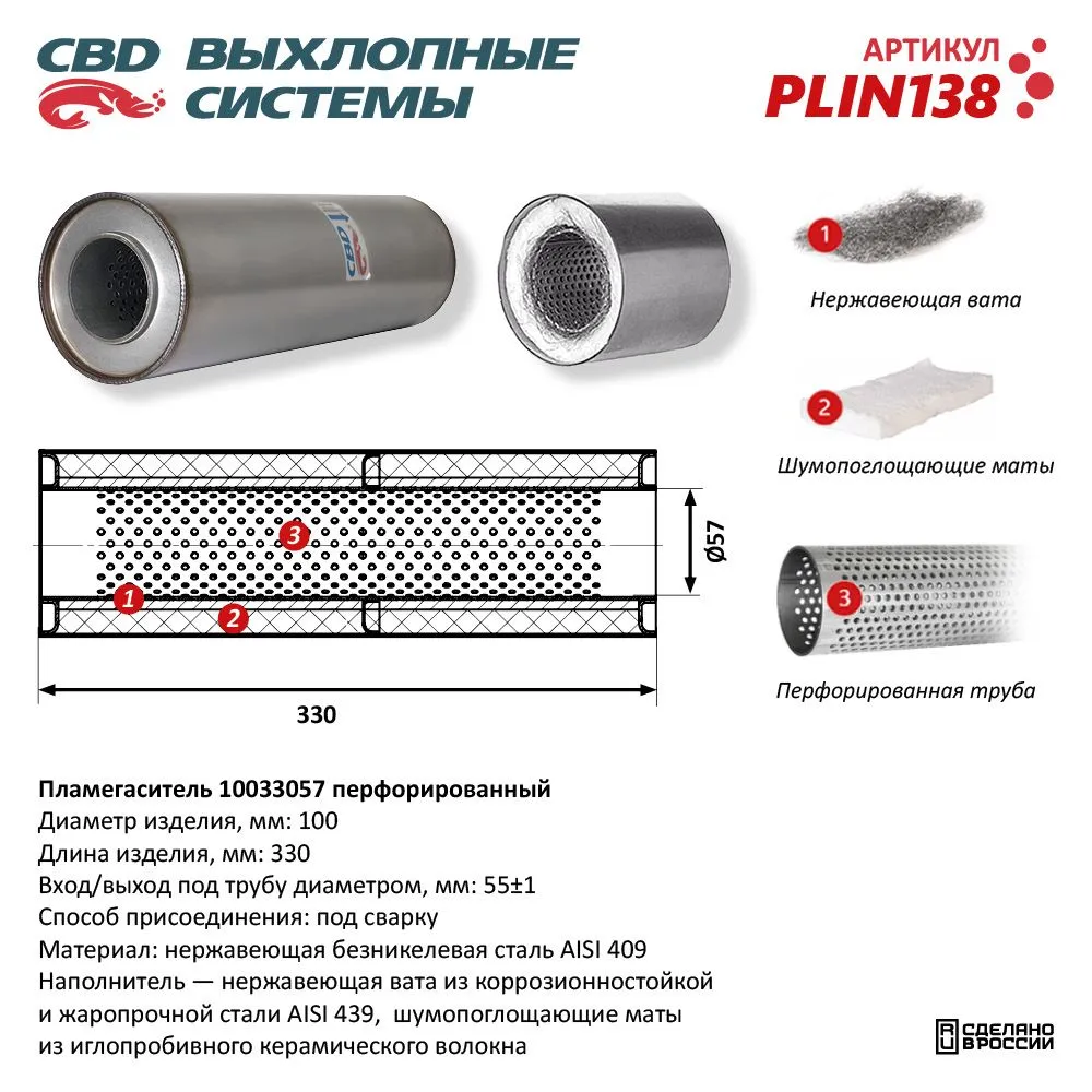 Пламегаситель 10033057 перфорированный внутр. узел, из Нерж.стали. CBD. PLIN138