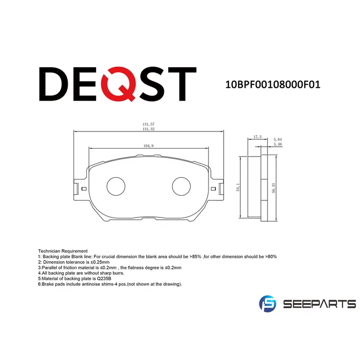 Колодки тормозные, передние TOYOTA CAMRY (_V30_) 2.4/3.0 01>04 DEQST 10BPF00108000