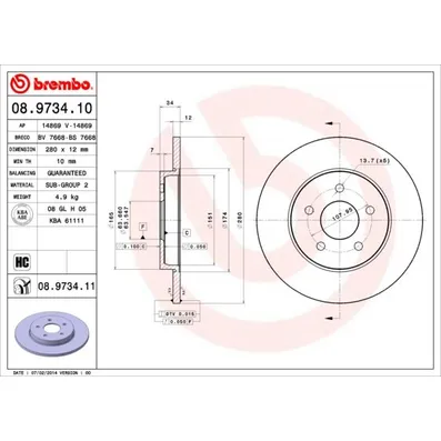 Диск тормозной задний FORD MONDEO BREMBO 08.9734.10