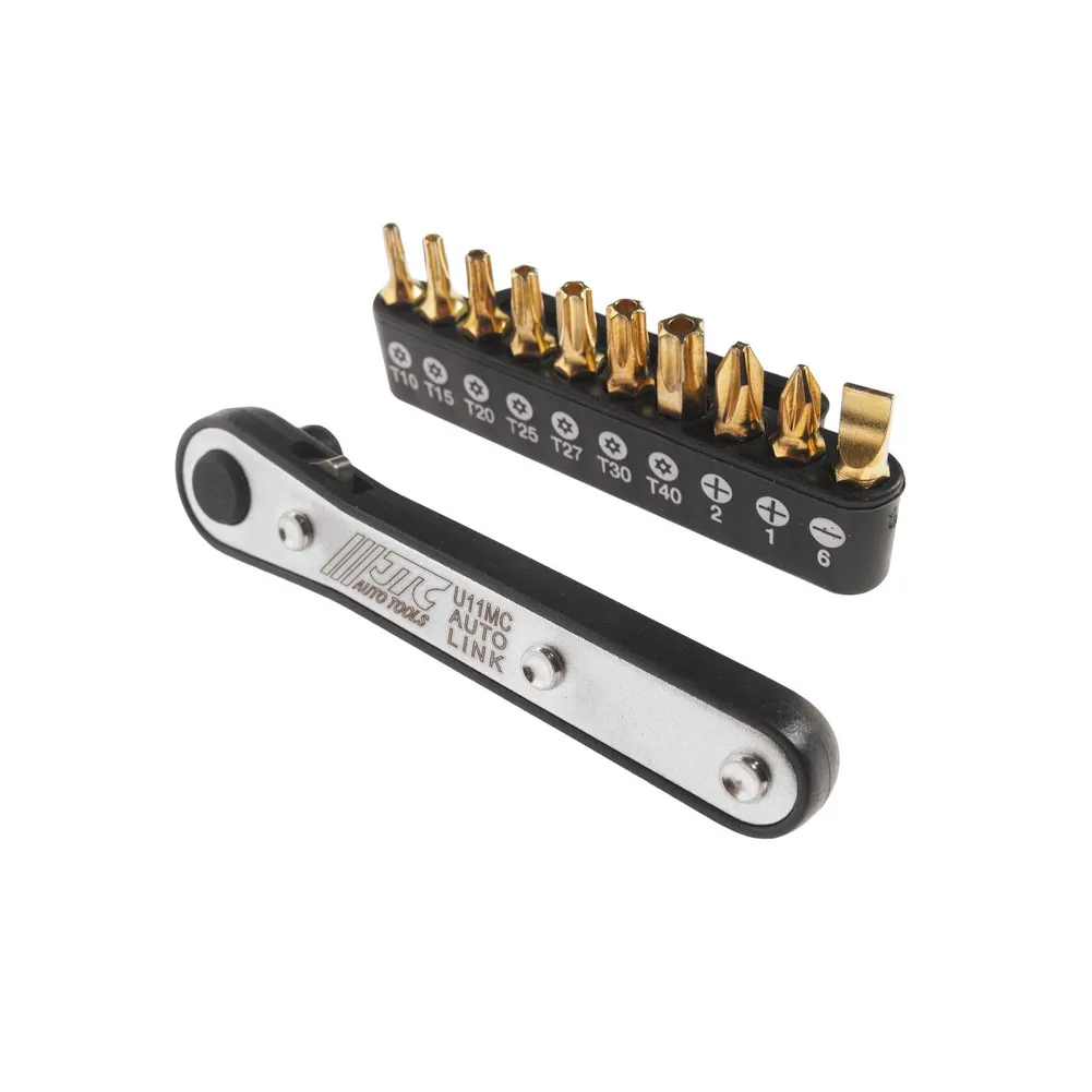 Набор бит 1/4 SL6, PH1-2, TORX, Т10Н-Т40Н с ключом трещоткой 11 предметов JTC-U11MC