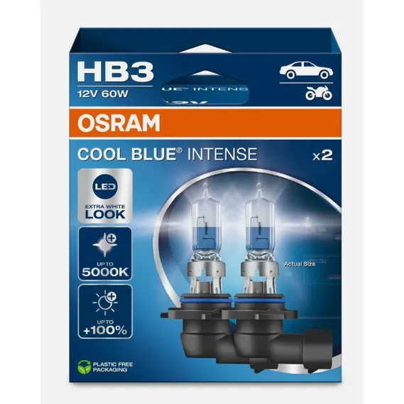 Автомобильная галогенная лампа OSRAM HB3 12V 60W +100% P20d 5000К COOL BLUE INTENSE (комплект 2 шт) 9005CBN-2HB