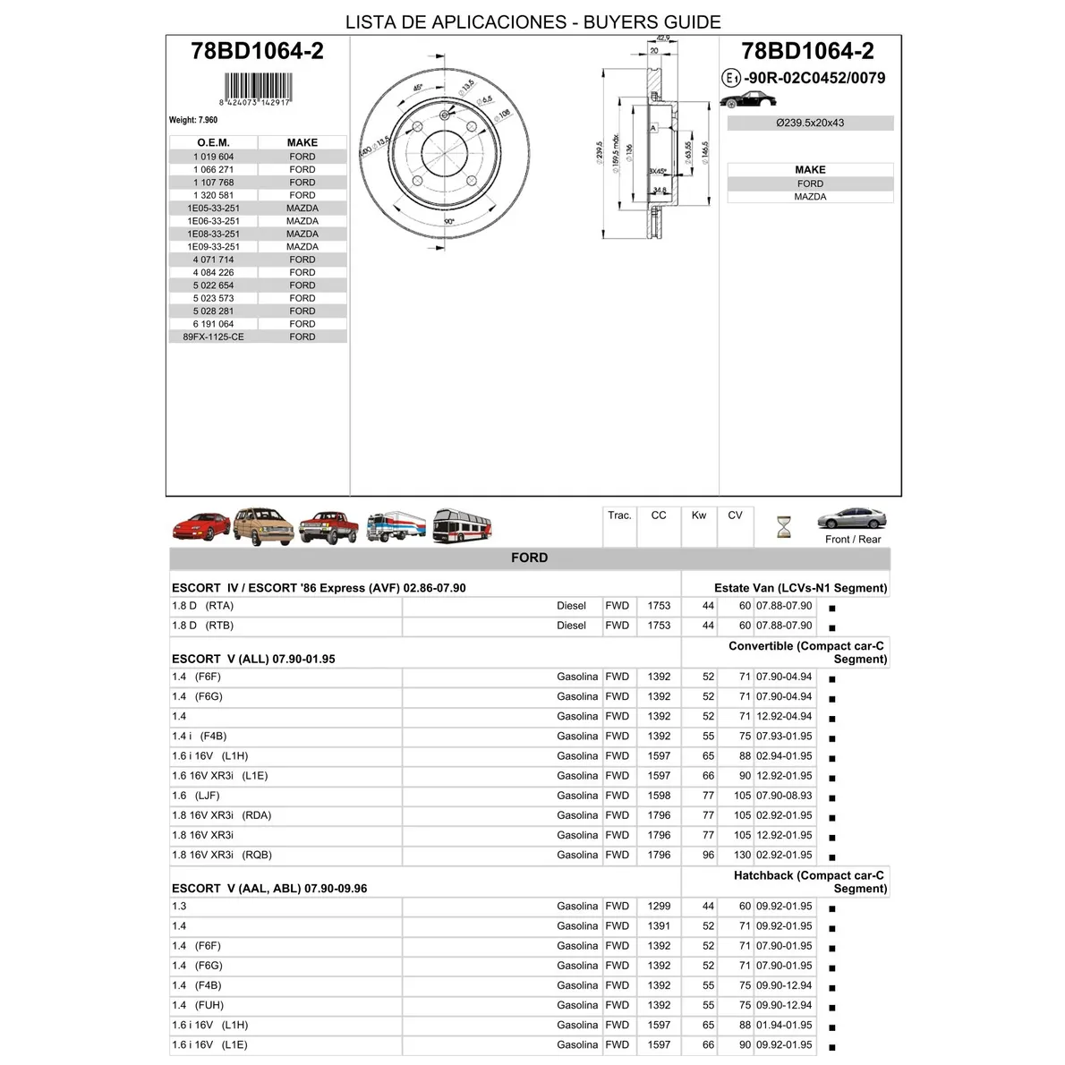 Диск тормозной передний FORD ESCORT ICER 78BD1064-2