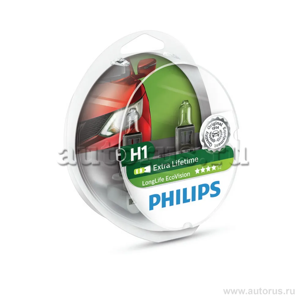 Лампа 12V H1 55W 1500lm P14,5s PHILIPS LongLife EcoVision 2 шт. DUOBOX 12258LLECOS2