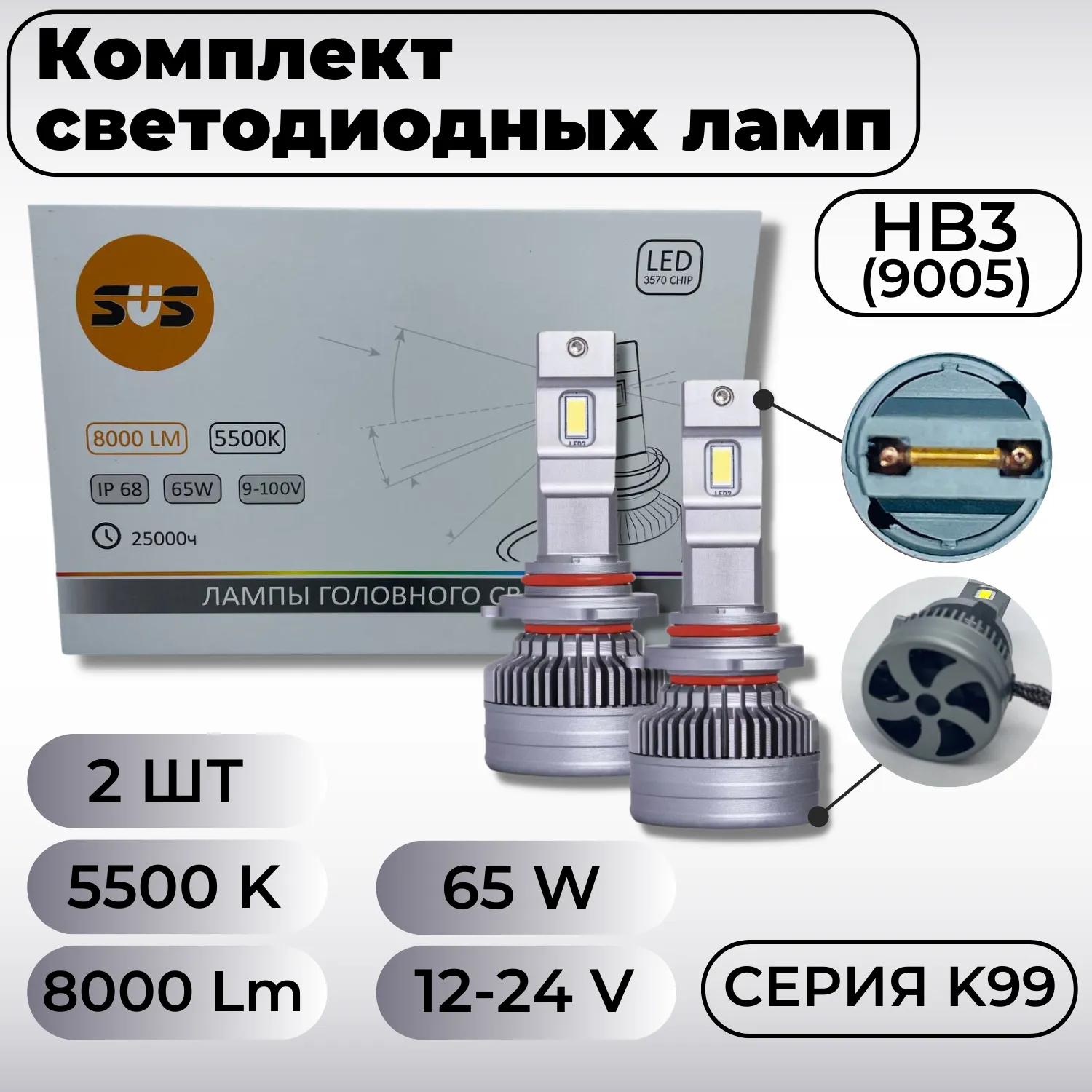 Лампа светодиодная 9-32V HB3 65W 8000lm P20d 5500K SVS K99 2 шт. DUOBOX 0240507000