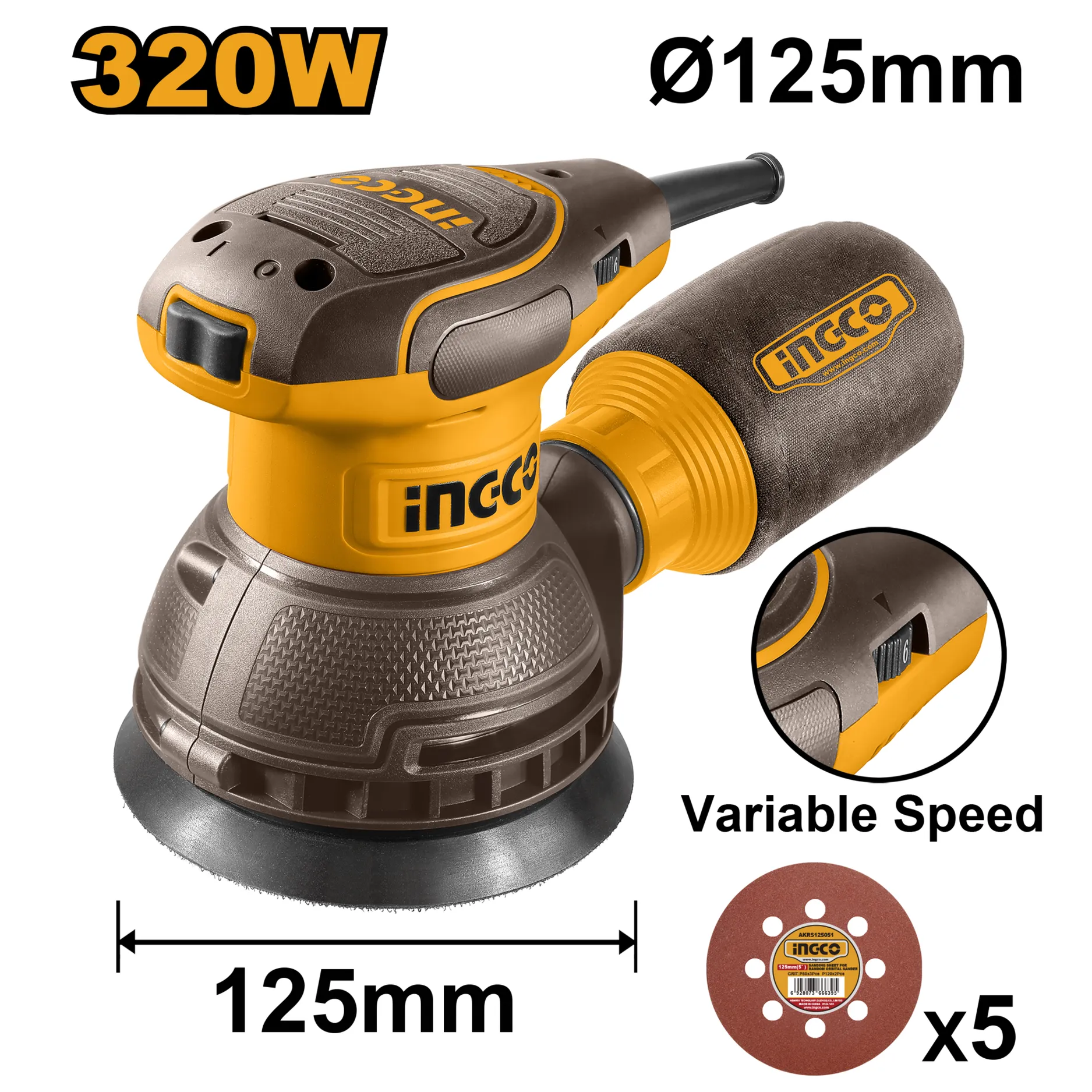 Эксцентриковая шлифмашина 320 Вт 125 мм (8) INDUSTRIAL INGCO RS3216
