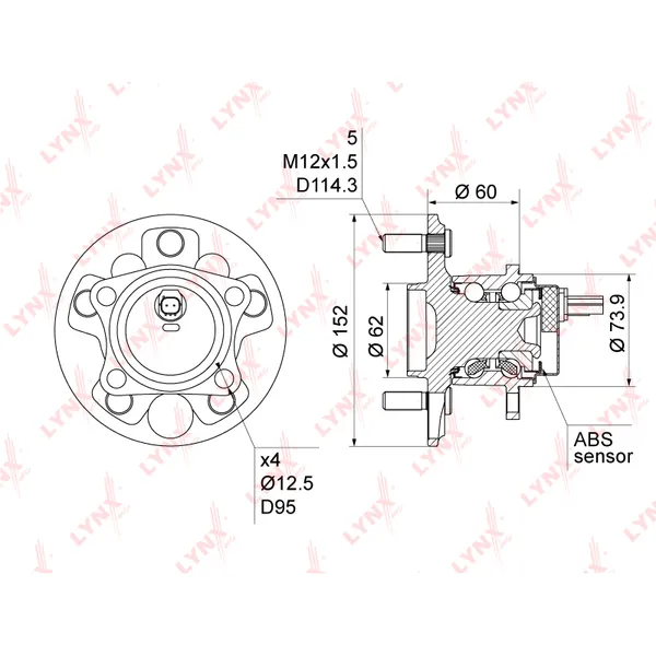 Ступица задняя в сборе L=R TOYOTA Auris 07->/Corolla 06-> LYNXauto WH-1042