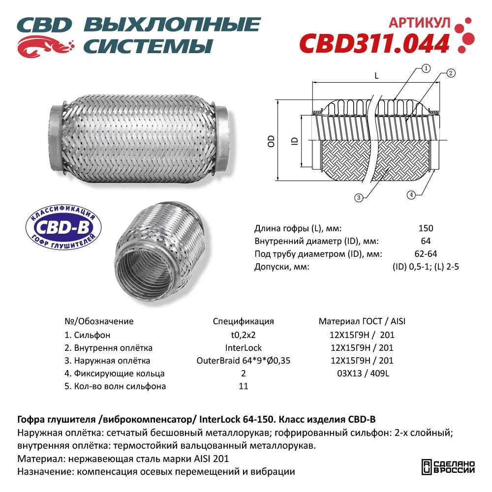 Гофра глушителя 3х-сл InterLock 64-150. CBD311.044