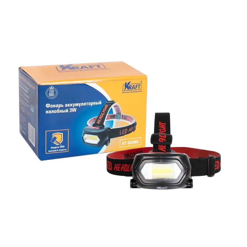 Фонарь налобный светодиодный аккумуляторный 3W KRAFT KT 835903
