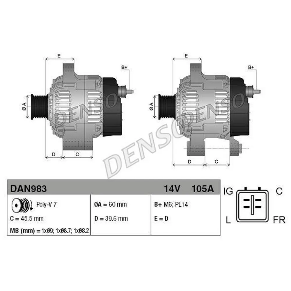 Генератор 14V 105A DENSO DAN983