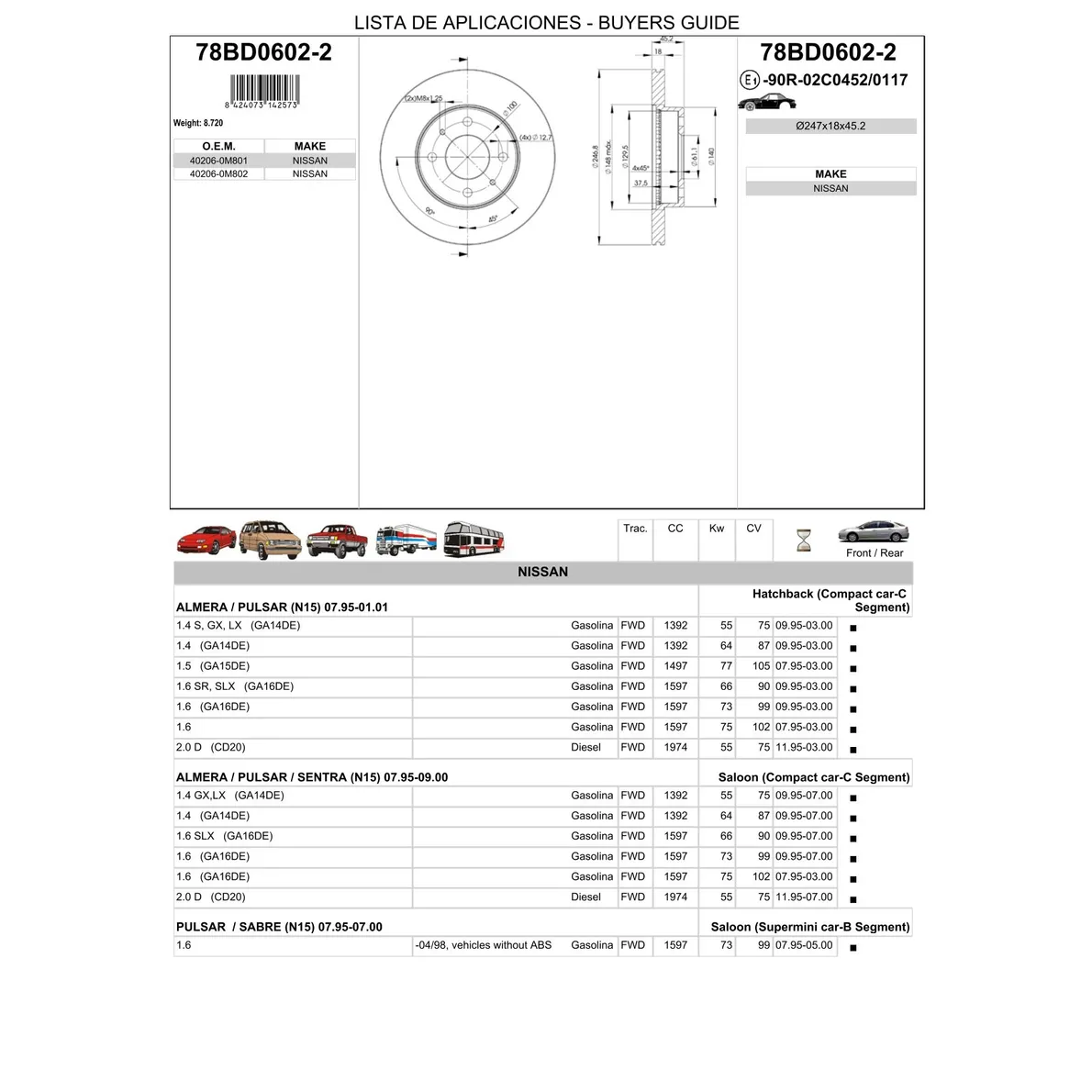 Диск тормозной передний NISSAN ALMERA N15 ICER 78BD0602-2