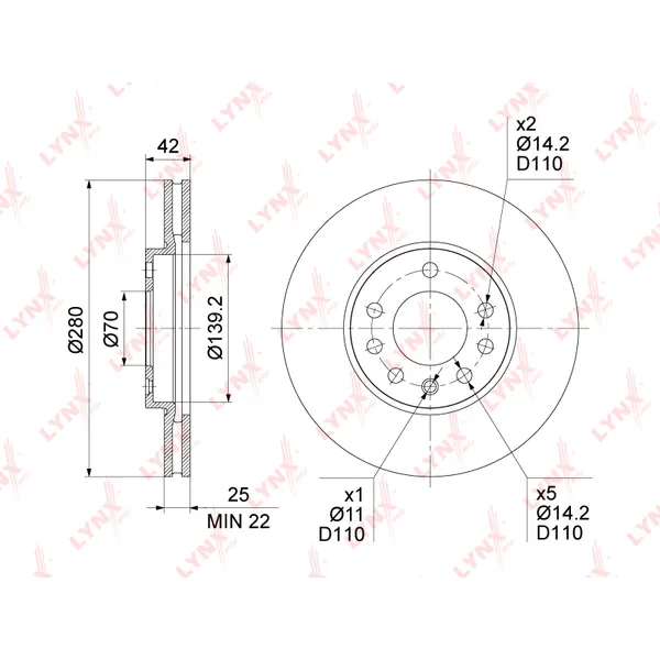 Диск тормозной передний (280X25) OPEL ASTRA G/H 98-10 / COMBO 04> / CORSA C 03-09 / LYNXAUTO BN-1837
