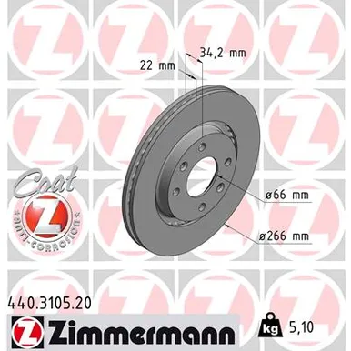 Диск тормозной передний CITROEN C2 C3 C4 C5 PEUGEOT 206 207 307 BERLINGO ZIMMERMANN 440.3105.20