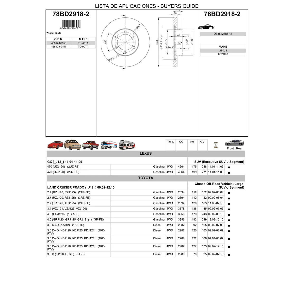 Диск тормозной передний LEXUS GX470 ICER 78BD2918-2