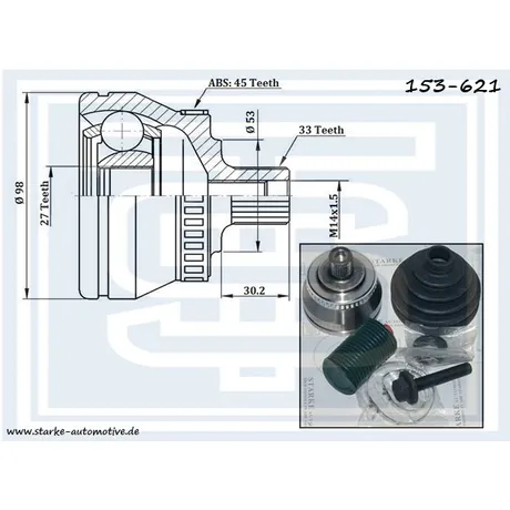 ШРУС AUDI A4 (B5/B5+) / VW GOLF IV/PASSAT (B5/B5+) 1,9TD c ABS STARKE 153-621