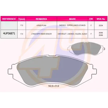 Колодки передние DAE LANOS/NUBIRA 1.6I/2.0I16V 97-(с 2 датчиками) 4U 4UP36871