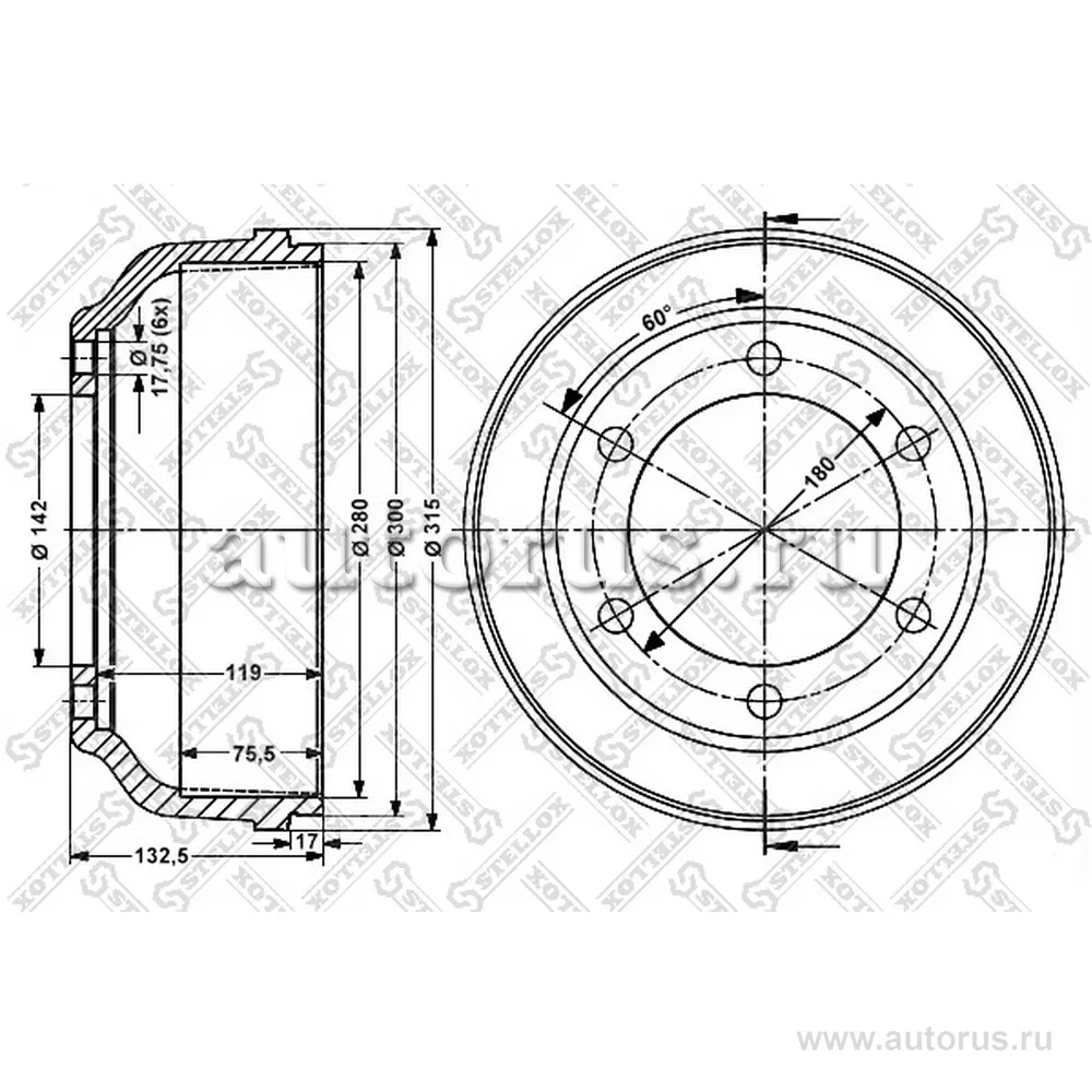 Барабан тормозной Ford Transit 2.0-2.5TDi 91> STELLOX 6026-2509-SX