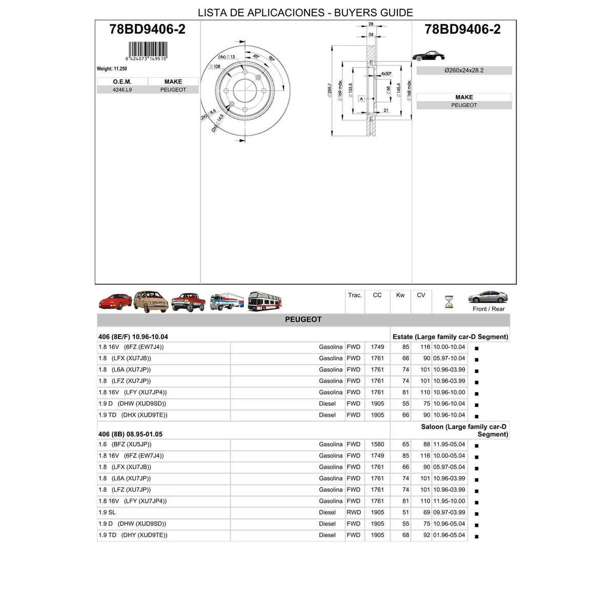 Диск тормозной передний PEUGEOT 406 95-04 /VENT D=260MM ICER 78BD9406-2