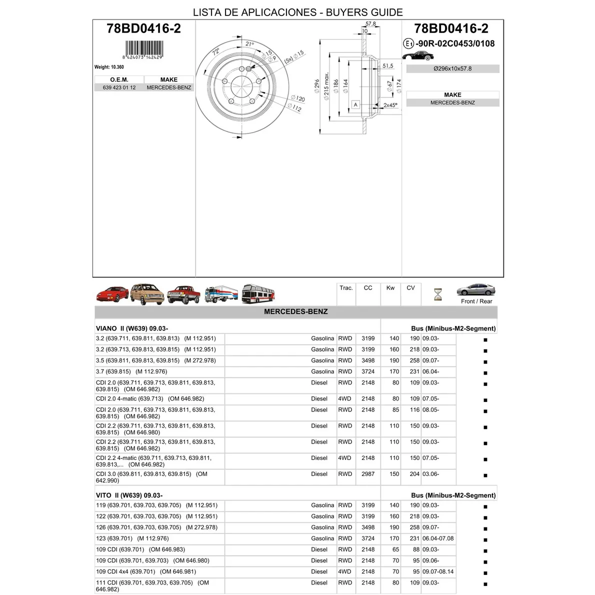 Диск тормозной задний MB W639 ICER 78BD0416-2