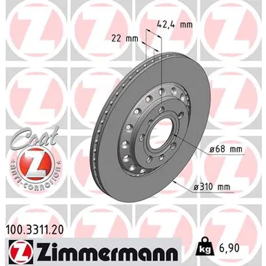 Диск тормозной задн вент AUDI A8 VW PHAETON 9402-]] ZIMMERMANN 100.3311.20