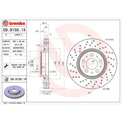 Диск тормозной передний перфорированный VOLVO S60/S80/V70 BREMBO 09.9130.1X