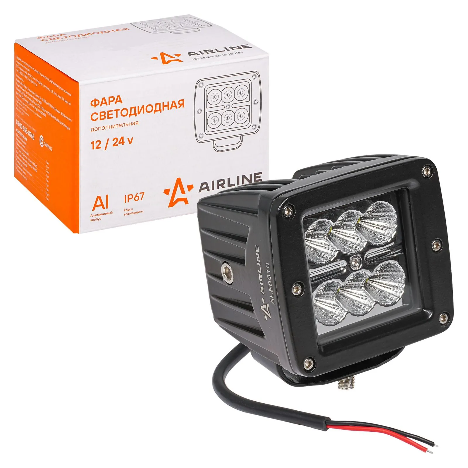 Фара светодиодная квадратная 6LED, рассеяный свет, 18Вт, 82х75х75мм, 12/24В AIRLINE ALED010