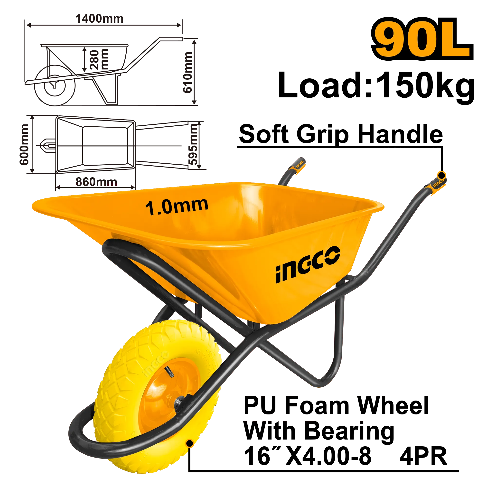 Тачка 150 кг INDUSTRIAL INGCO HHWB64018GPU