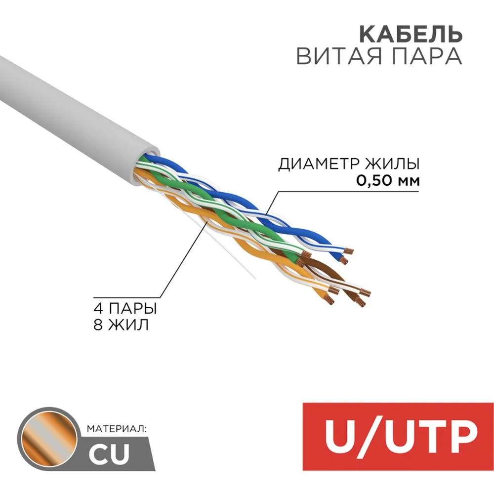 Кабель витая пара U/UTP, категория 5e, PVC, 4PR, 24AWG, внутренний, серый, 50 м REXANT 01-0043-50