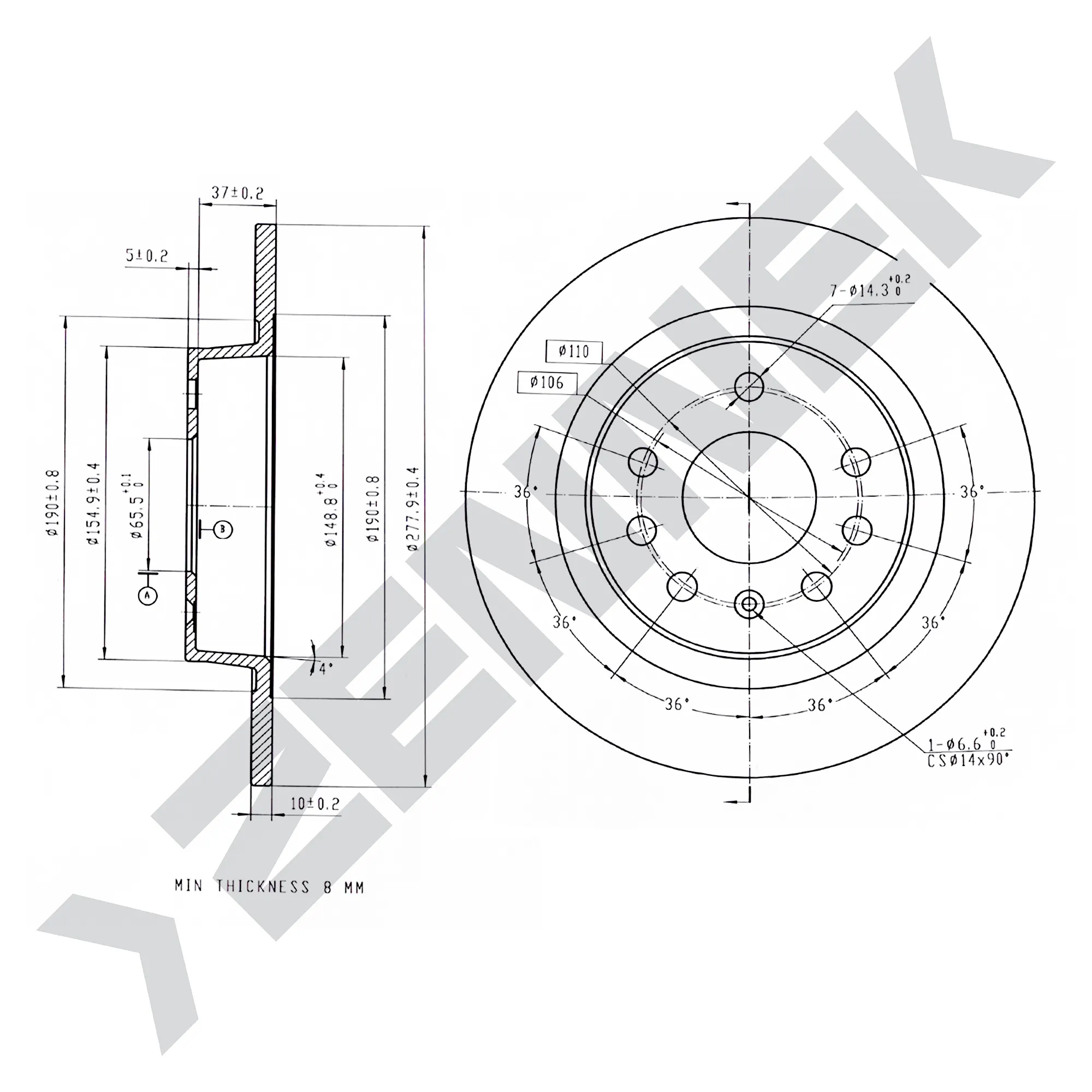 Диск тормозной задний OPEL ASTRA 94-11, ASTRA G 94-09 (2 шт) ZENNEK DBD0002