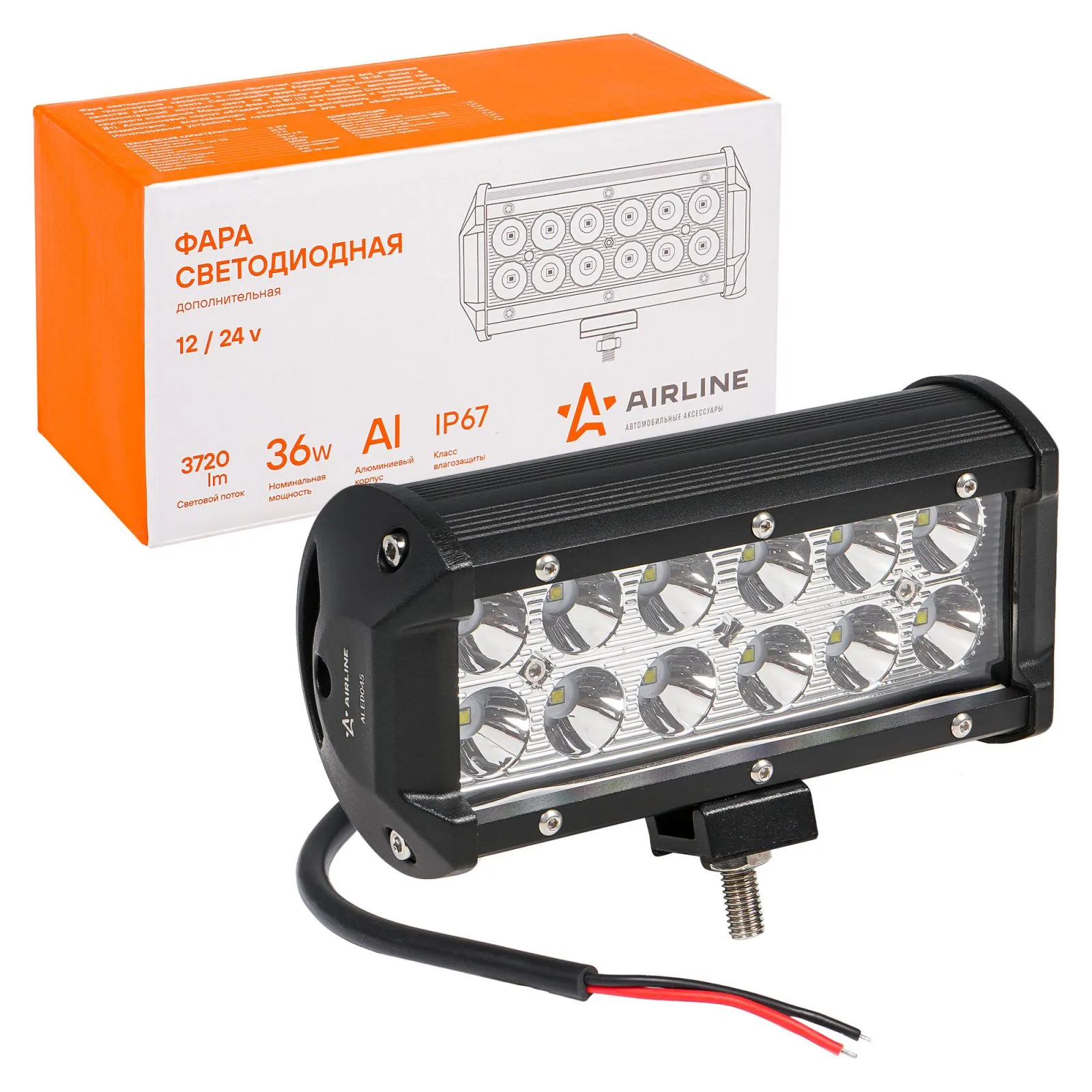 Фара светодиодная (балка) двухрядная 12LED, направленный свет, 36Вт, 165х78х65мм, 12/24В AIRLINE ALED045