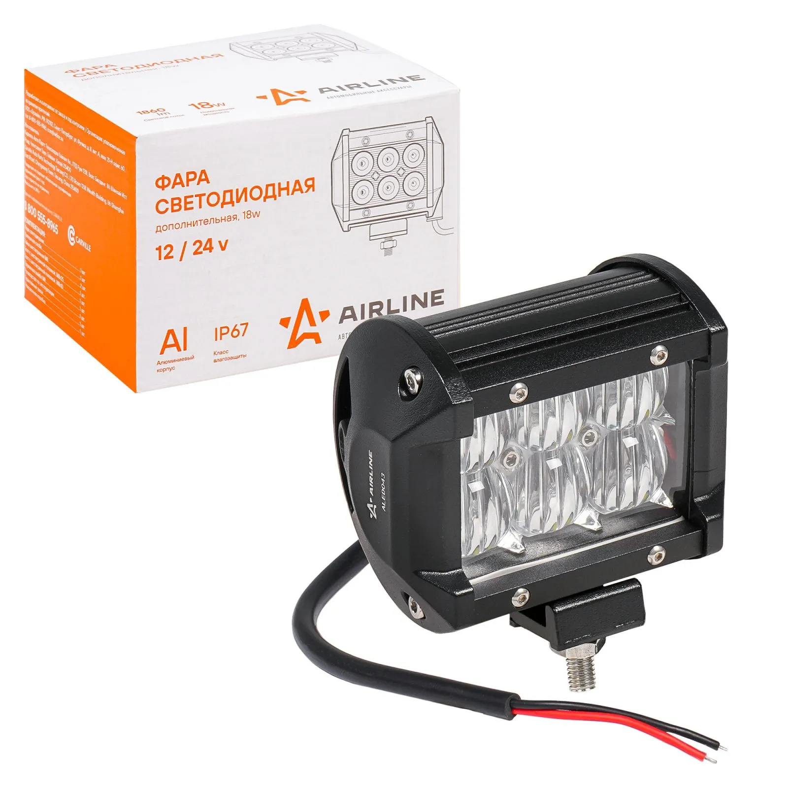 Фара светодиодная (балка) двухрядная 6LED, 5D линза рабочий свет, 18Вт, 98х78х65мм, 12/24В AIRLINE ALED043