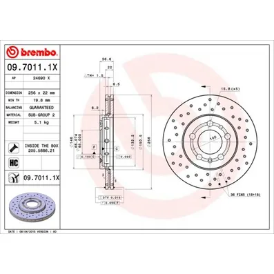 Диск тормозной передний, AUDI: A1 10-, A3 96-03, SEAT: CORDOBA 02-, IBIZA IV 02-, IBIZA V 08-, IBIZA V BREMBO 0970111X