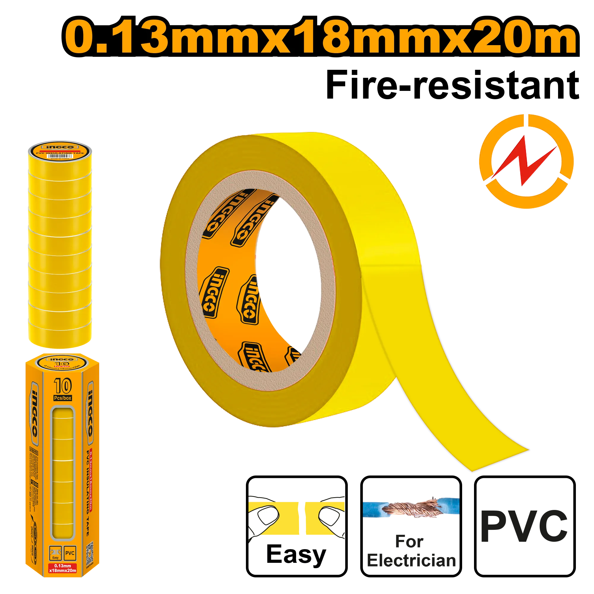 Лента изоляционная желтая 20 м ПВХ INGCO HPET1011