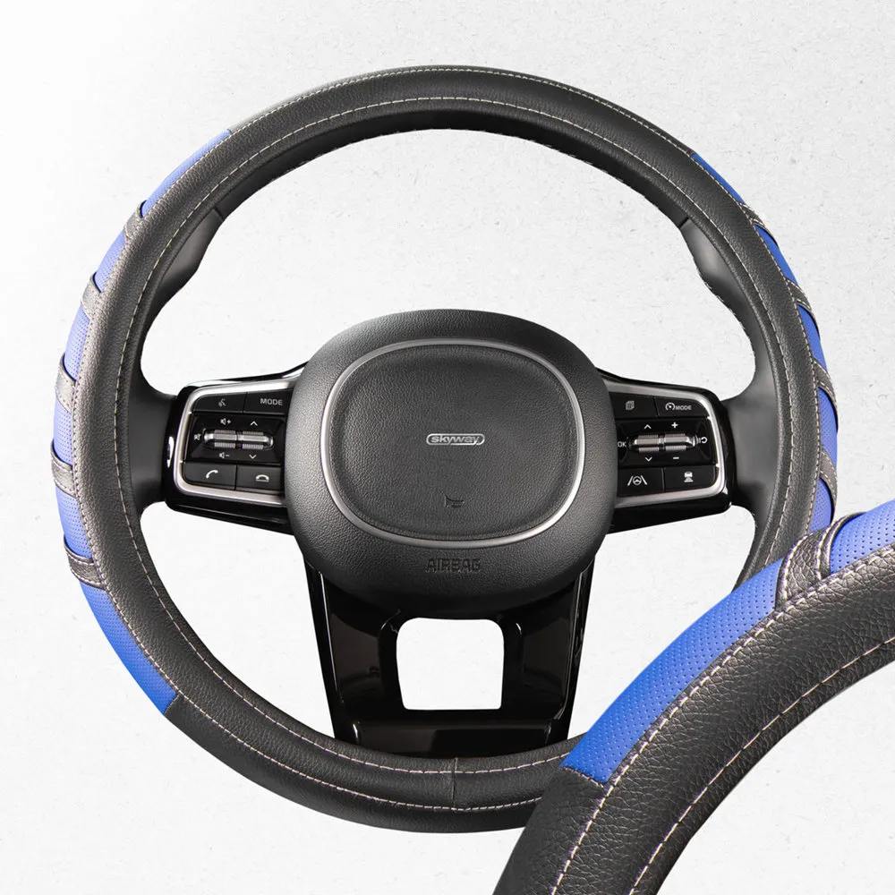 Оплетка руля SKYWAY кожаная Черно/Синяя спорт ECO (М) SKYWAY S01102065