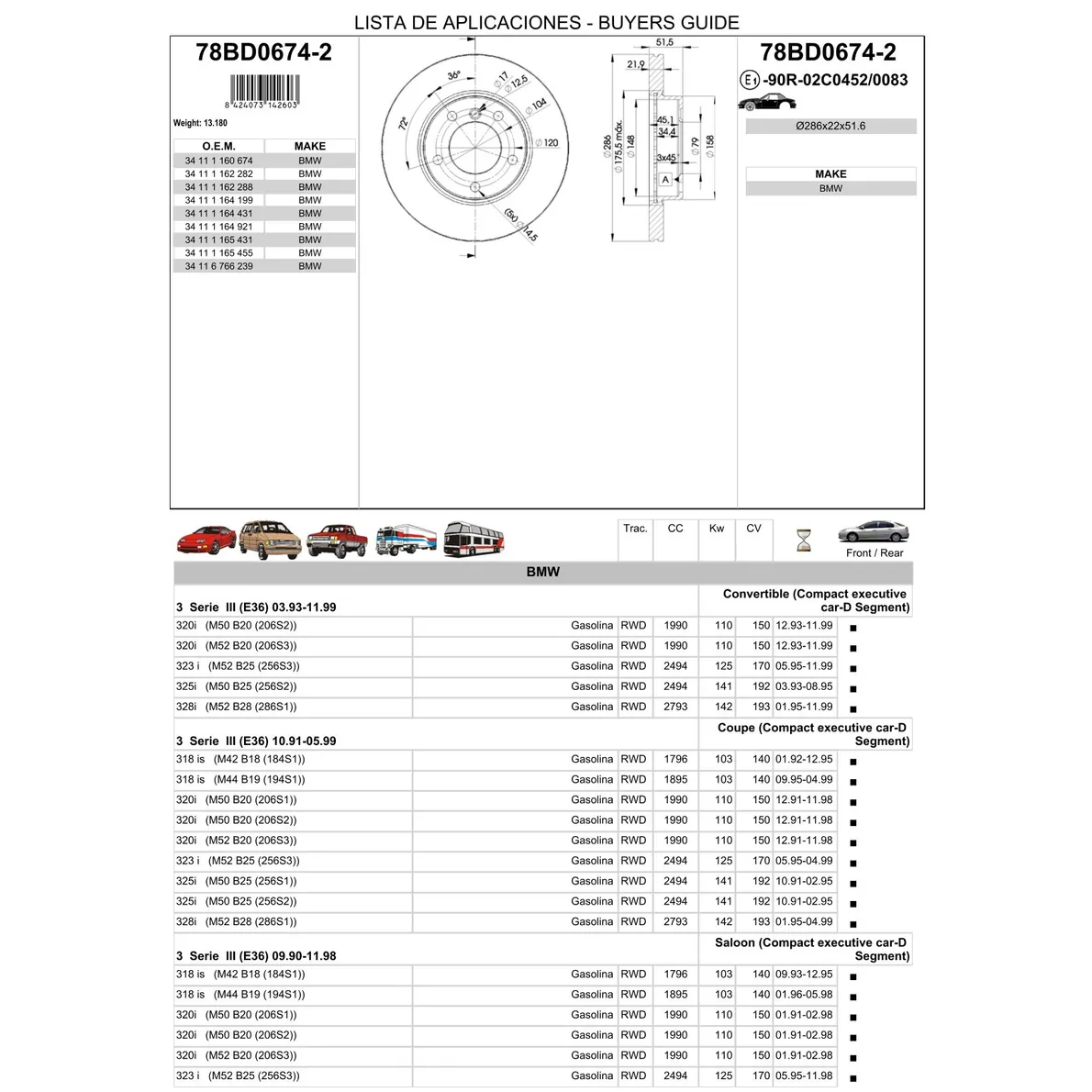 Диск тормозной передний BMW E36/46 вент ICER 78BD0674-2