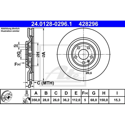 Диск тормозной задний AUDI A6, A7, A8, Q7 15-, VW TOUAREG 17- ATE 24.0128-0296.1