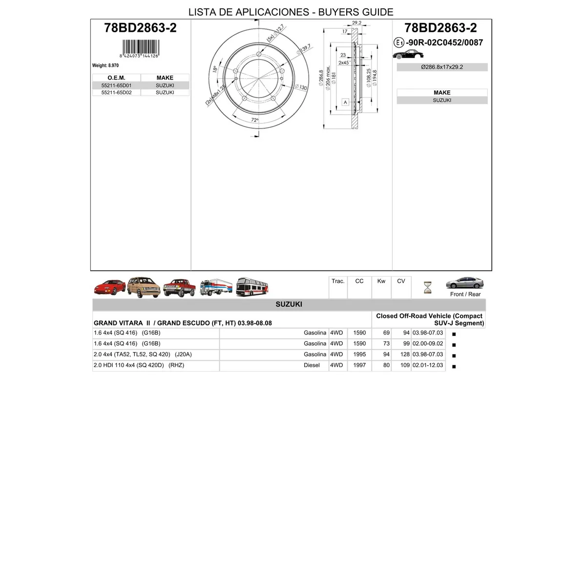 Диск тормозной передний SUZUKI GRAND VITARA ICER 78BD2863-2