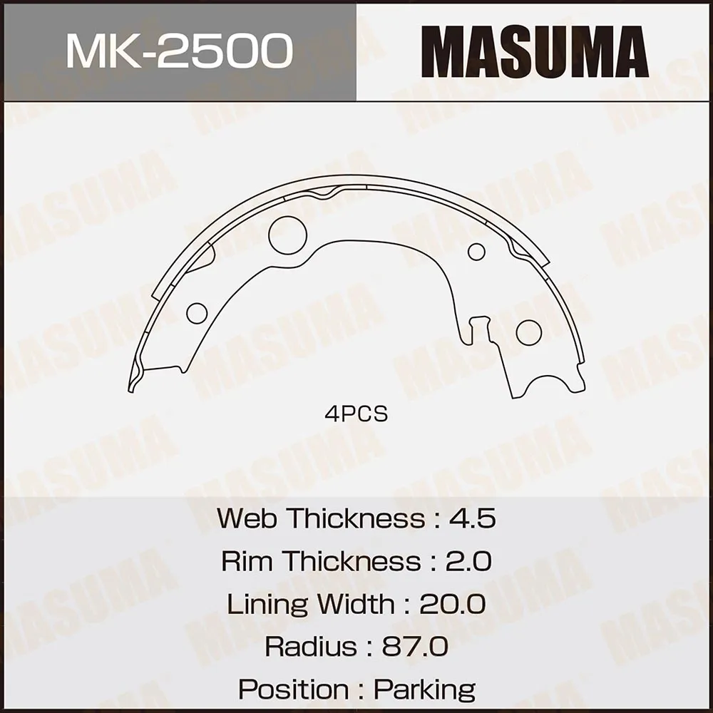 Колодки барабанные MASUMA парковочные к-т 4шт (1/20) MASUMA MK2500