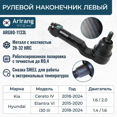 Наконечник рулевой тяги левый Hyundai (Elantra 17-, I30 17-), Kia (Ceed 19-) ARIRANG ARG80-1133L