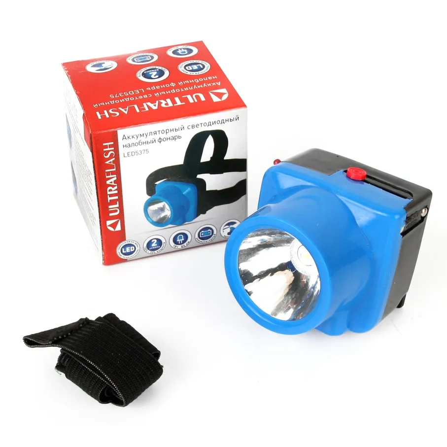 Фонарь налобн аккум 220В, голубой, 1 Ватт LED, 2 реж, пласт, бокс ULTRAFLASH LED5375