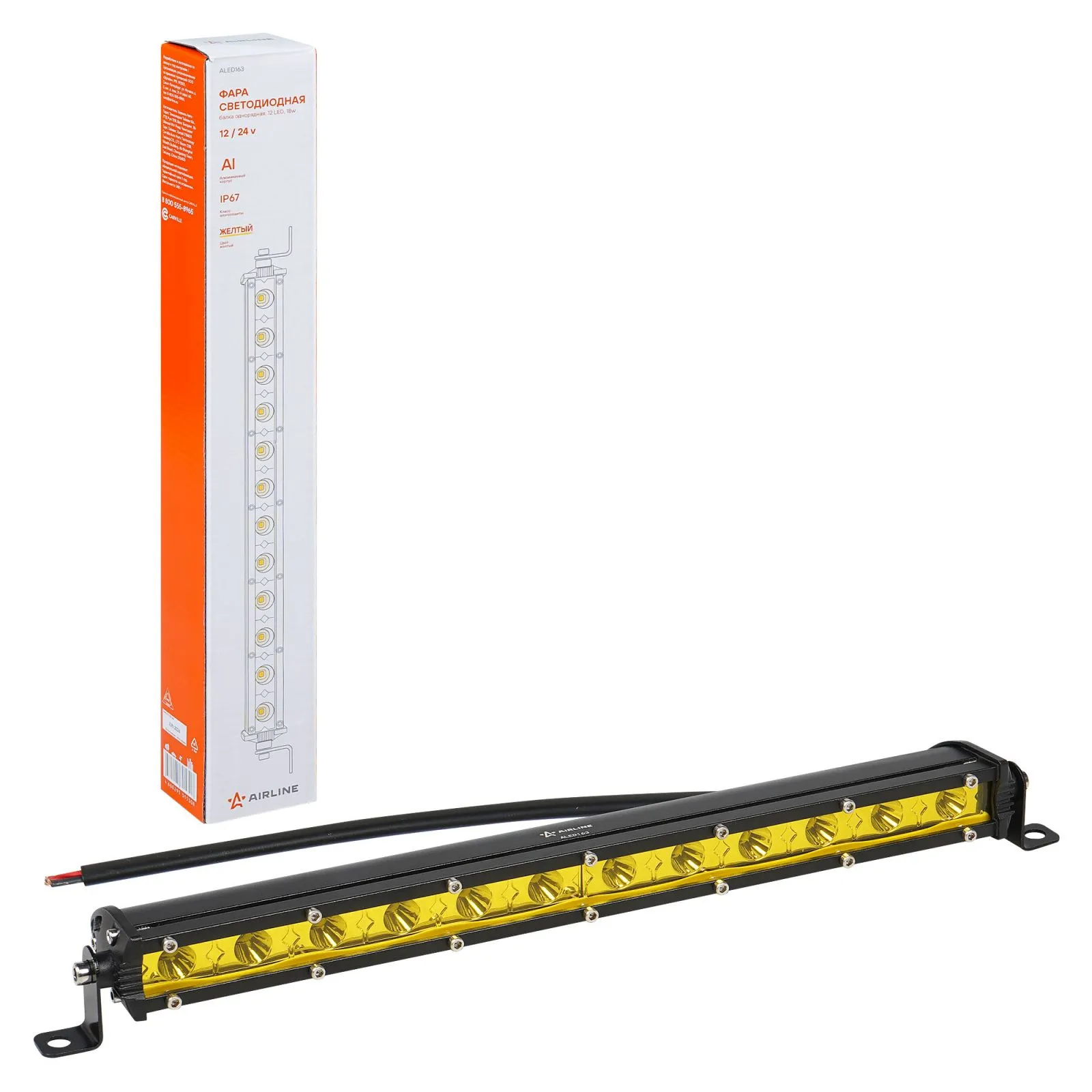 Фара светодиодная (балка) однорядная 12LED, желтый направленный свет, 18Вт, 343x30x47мм, 12/24В AIRLINE ALED163