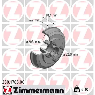 Барабан тормозной Ford Focus 98> ZIMMERMANN 250.1765.00