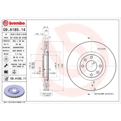 Диск тормозной передний вентилируемый [302X26] 4 отверстий BREMBO 09A18511