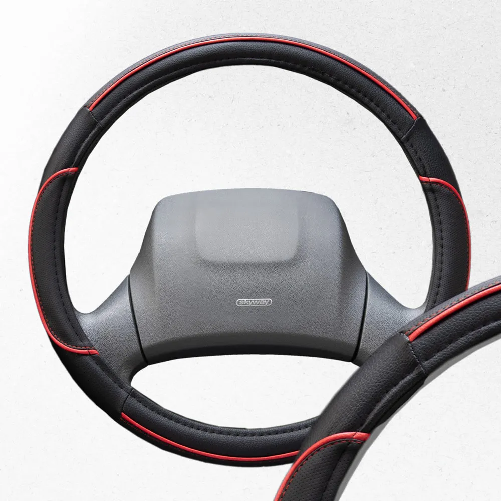 Оплетка руля SKYWAY кожаная Черная с красной полоской (L) SKYWAY S01102337