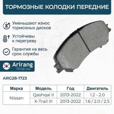 Колодки дискового тормоза передние ARIRANG ARG28-1723