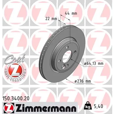Диск тормозной передний вентилируемый MINI ONE COOPER S R50 R52 R53 1.4 1.6 276X22 ZIMMERMANN 150340020
