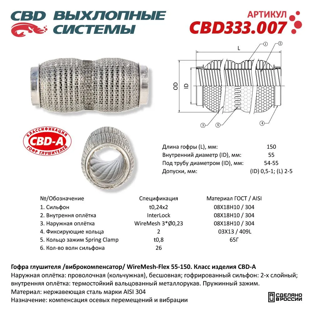 Гофра глушителя повышенной гибкости WireMesh-Flex 55-150. CBD333.007