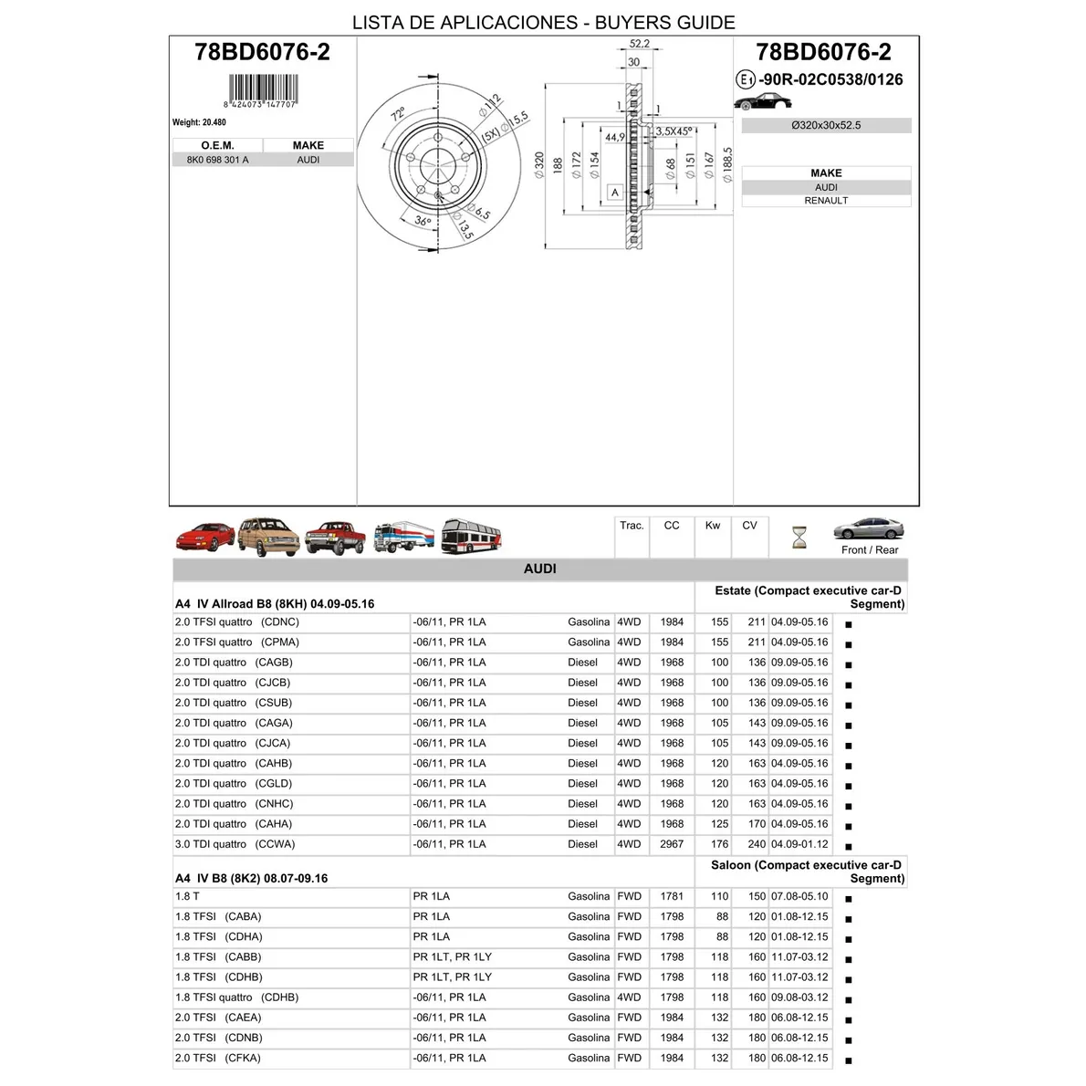 Диск тормозной передний AUDI VW ICER 78BD6076-2