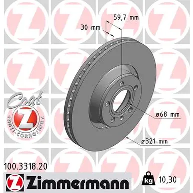 Диск тормозной передний с покрытием COAT Z AUDI A6/S6/A8/S8 (2004-2011) ZIMMERMANN 100.3318.20