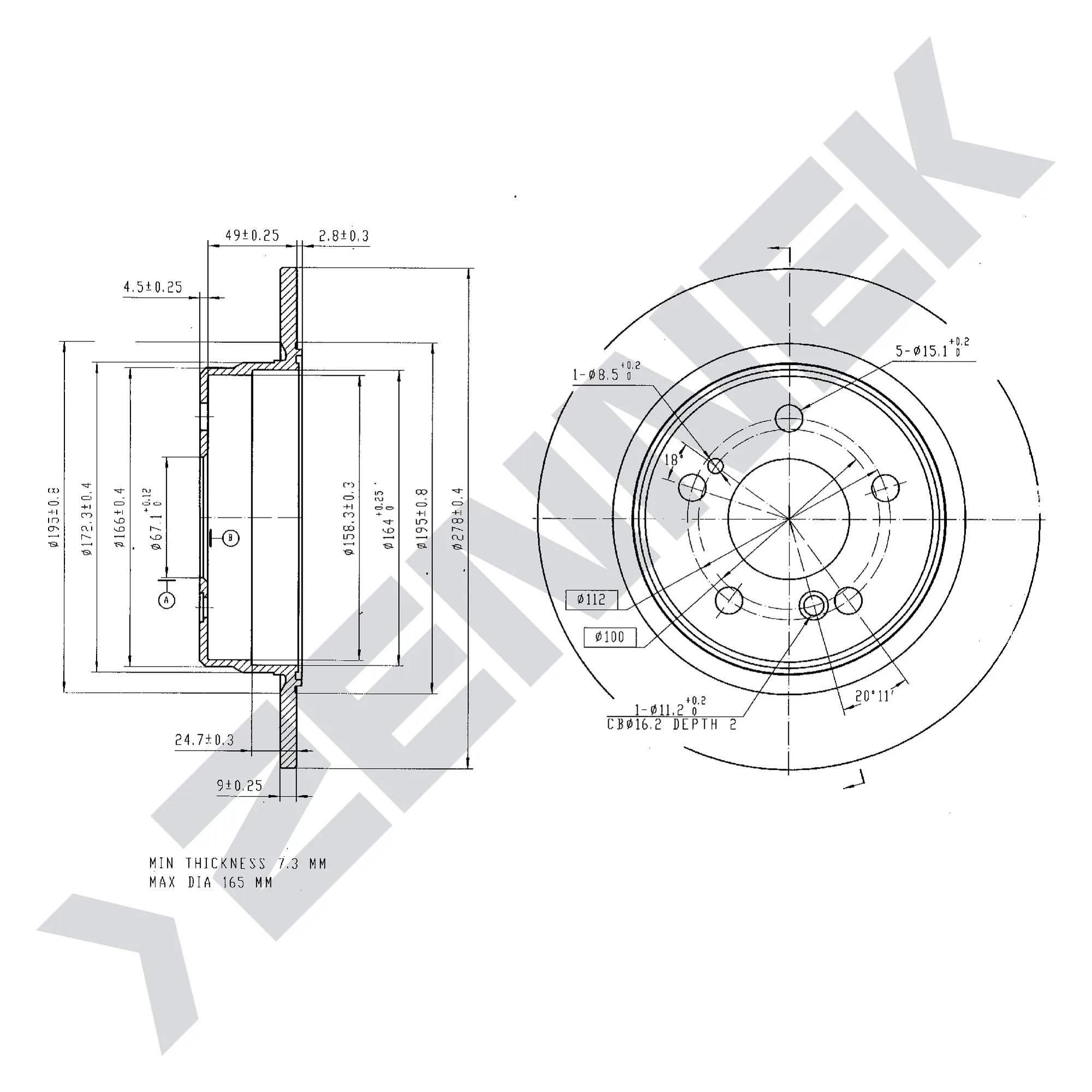 Диск тормозной задний MERCEDES W202/W203 93-07, W124/W210 85-02 (2 шт) ZENNEK DBD0065
