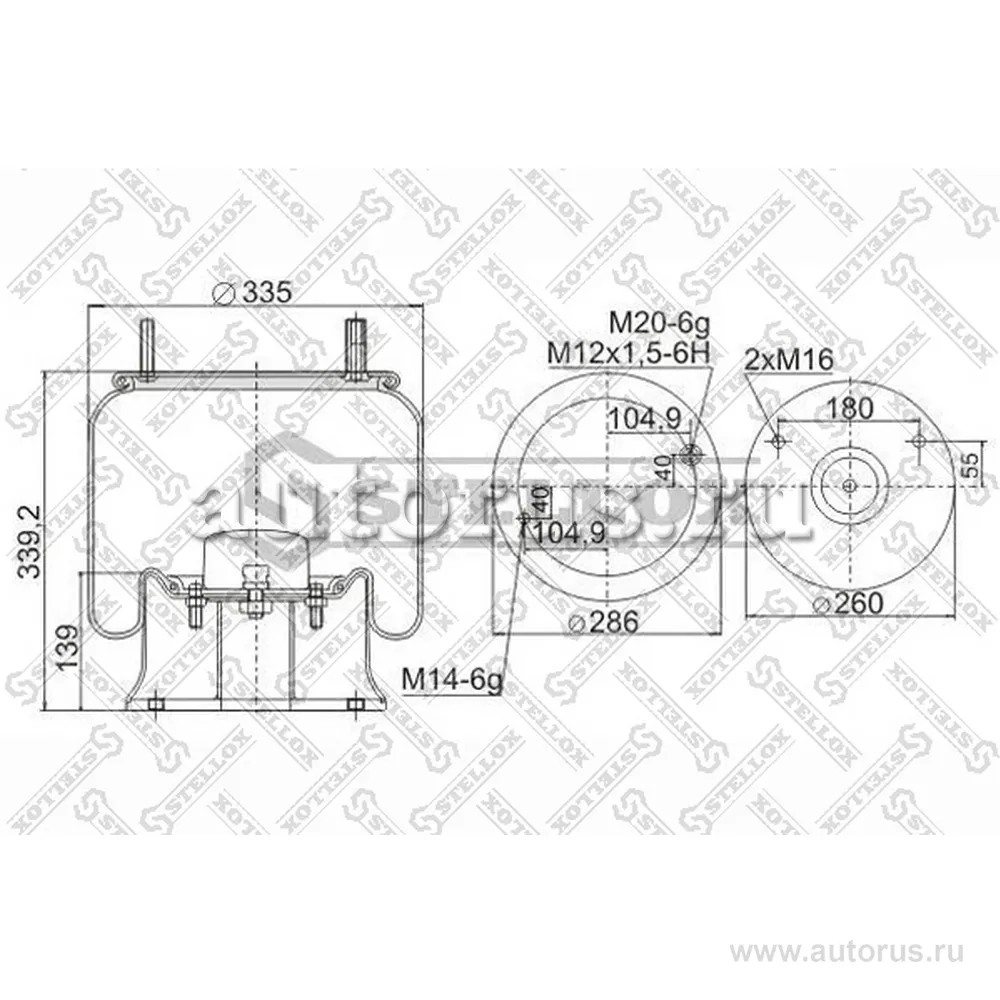 Пневмоподушка со стак. 1 шп. M14 1 шп-штуцер М20 снизу 2 отв М16 Ka STELLOX 90-91305-SX